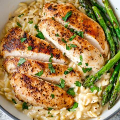 Creamy Parmesan Orzo with Chicken and Asparagus