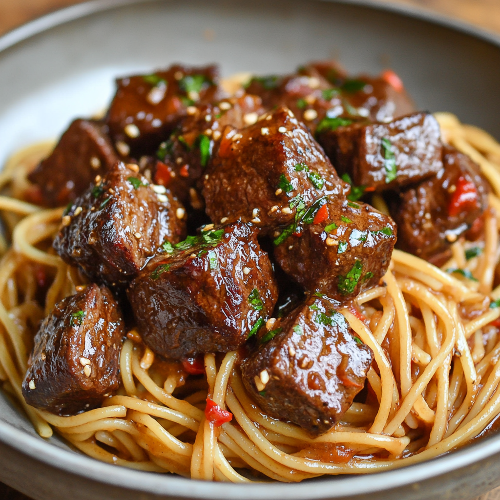 Sweet and Spicy Garlic Steak Pasta