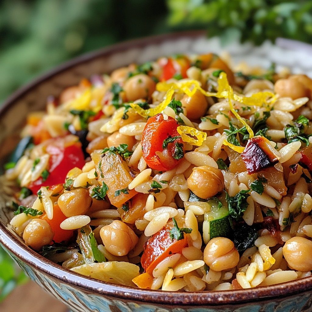 Lemon Chickpea Orzo with Roasted Veggies