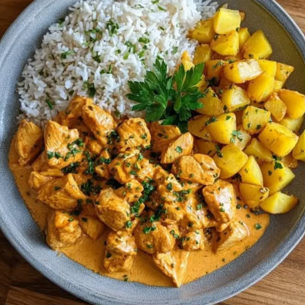 Creamy Paprika Chicken Curry Bowl with Rice & Golden Potatoes