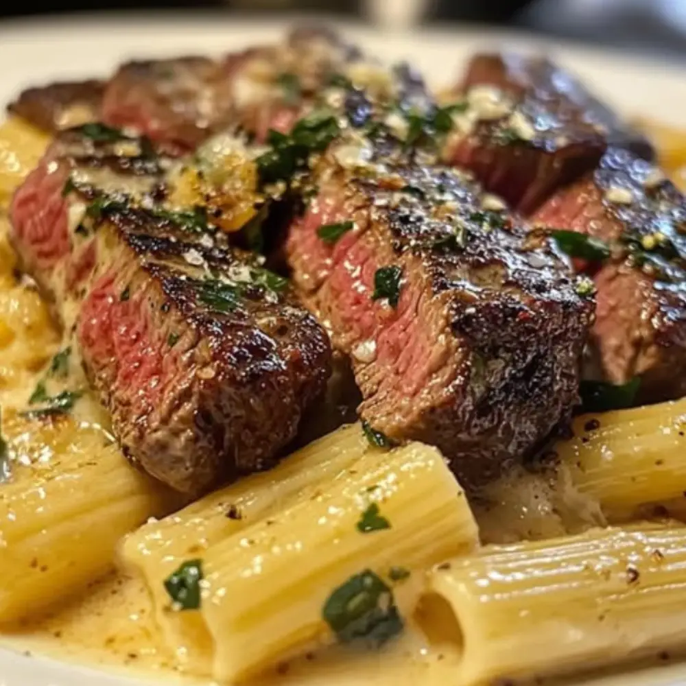Sizzling Garlic Butter Steak Tips with Creamy Cheesy Rigatoni