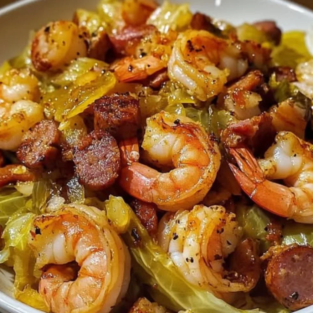 Savory Fried Cabbage with Shrimp, Sausage, and Crispy Bacon
