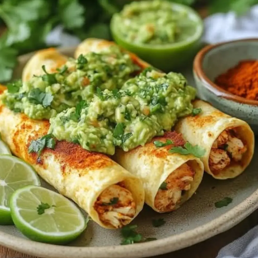 Crispy Chicken Flautas with Guacamole and Green Salsa