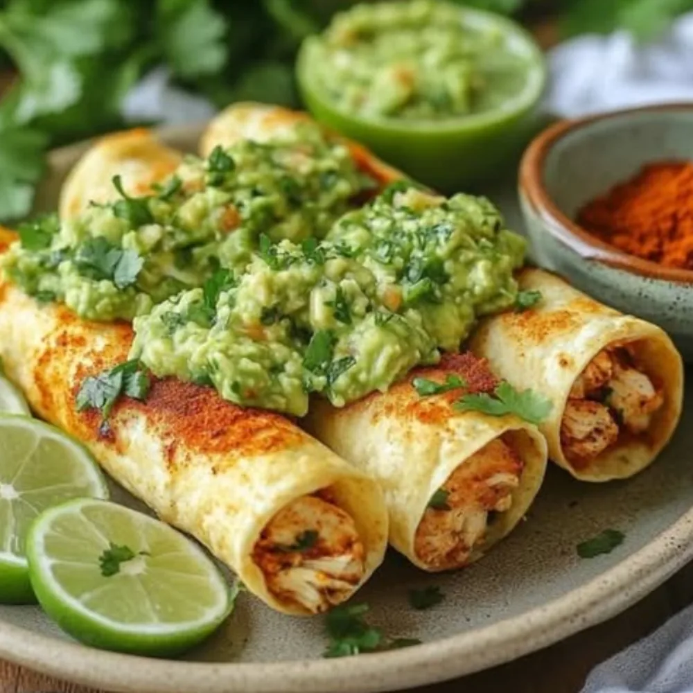 Crispy Chicken Flautas with Guacamole and Green Salsa