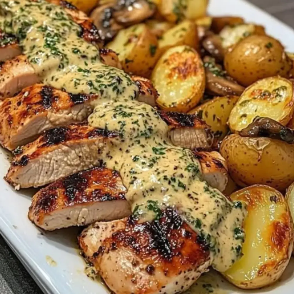 Greek Garlic Chicken & Honey-Roasted Potatoes with Truffle Mushroom Pesto