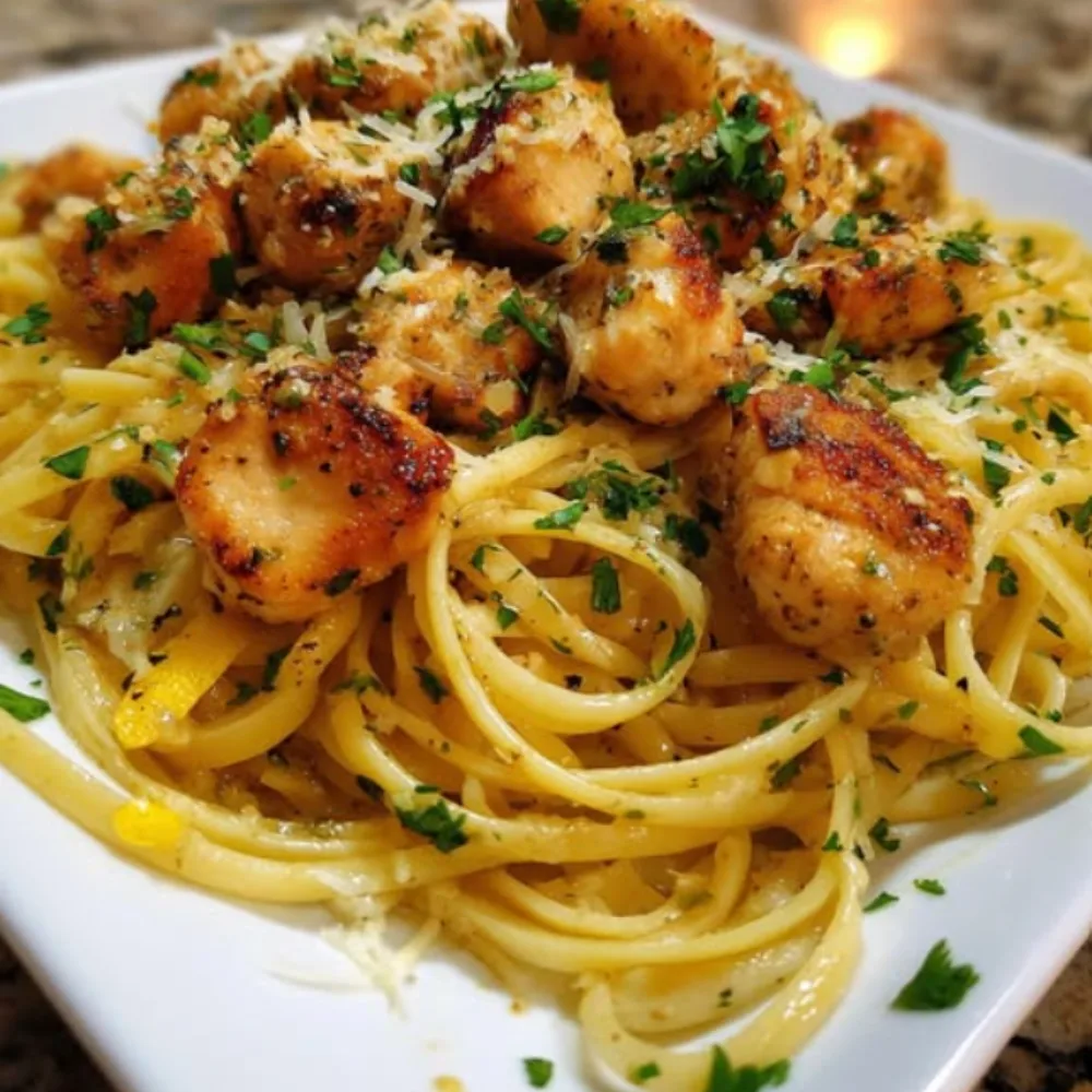 Lemon Garlic Butter Chicken Bites with Savory Parmesan Linguine
