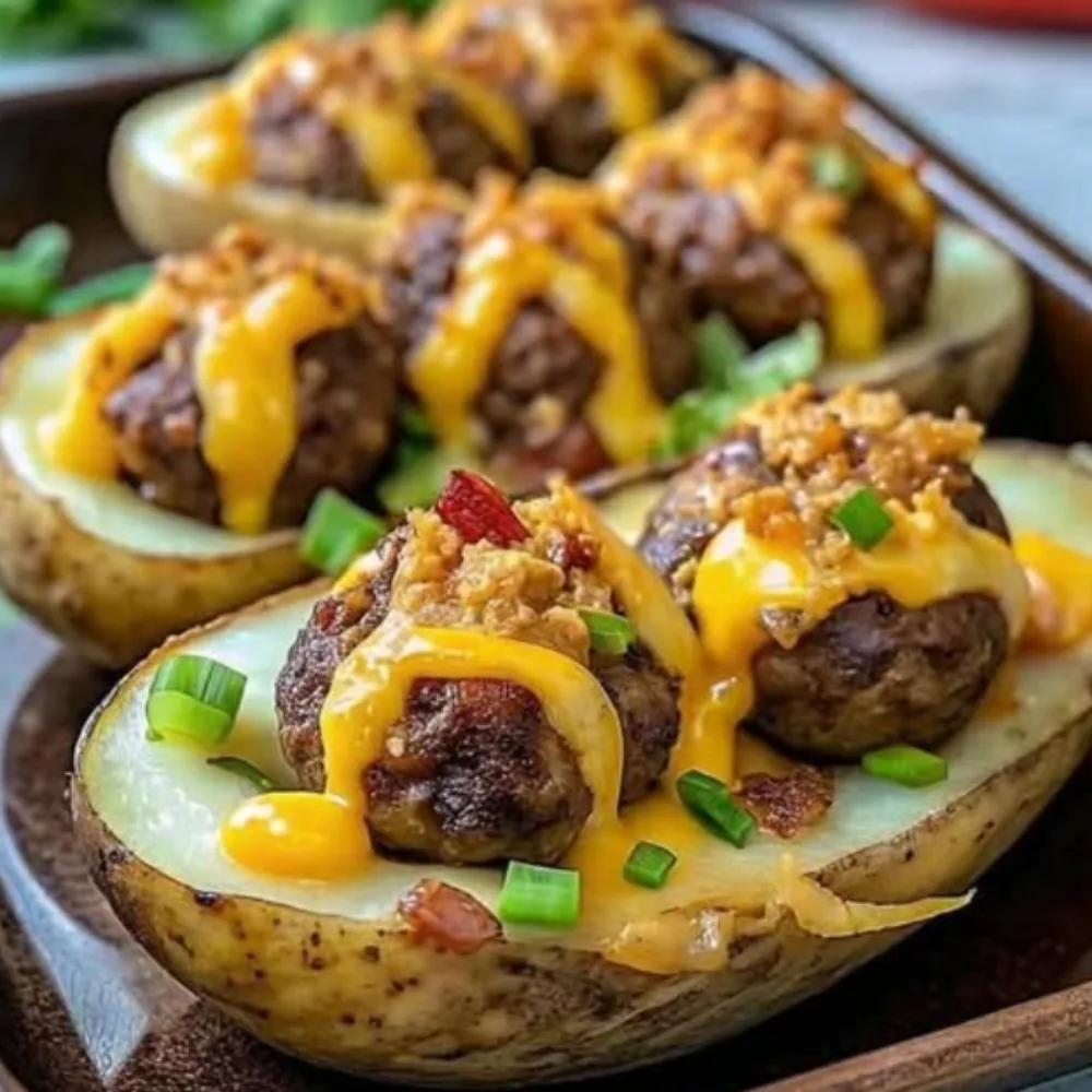 Cheeseburger-Style Stuffed Potatoes with Meatballs