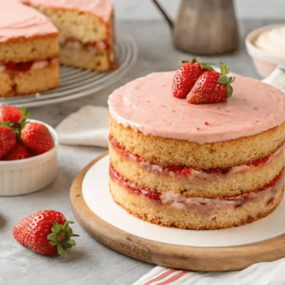Strawberry Honeybun Cake with Strawberry Cream Icing