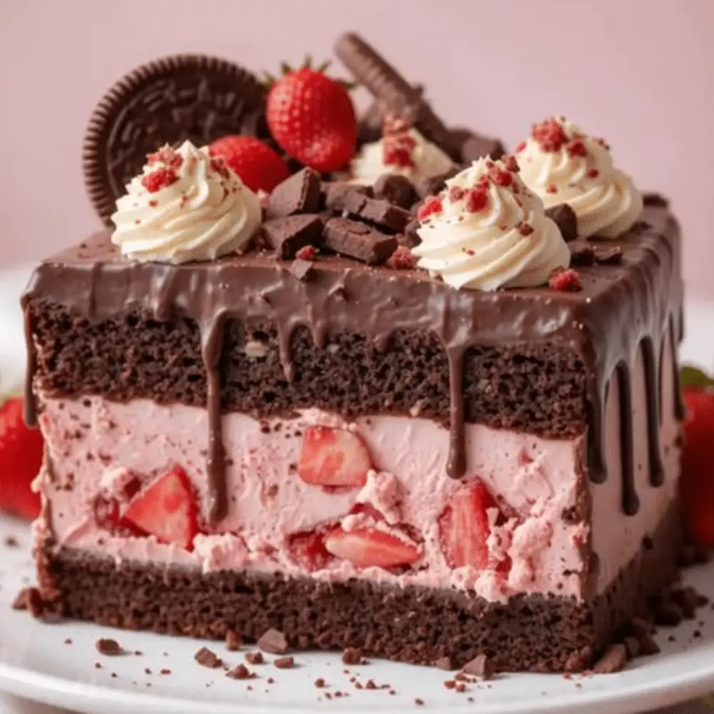 Strawberry Cake with Oreo Crumble & Cookies ’n Cream Icing