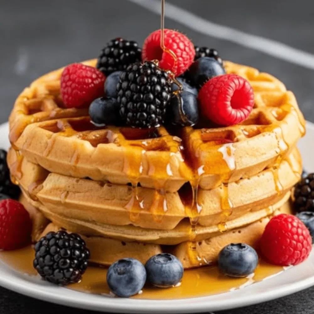 Classic American Waffles with Raspberries and Blackberries