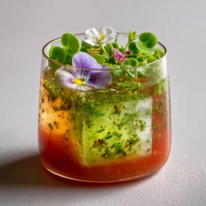 Chilled Tomato Broth with Melting Basil Oil Cube Recipe