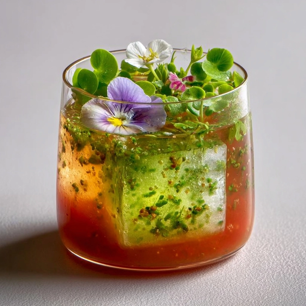 Chilled Tomato Broth with Melting Basil Oil Cube Recipe - Recipe Image