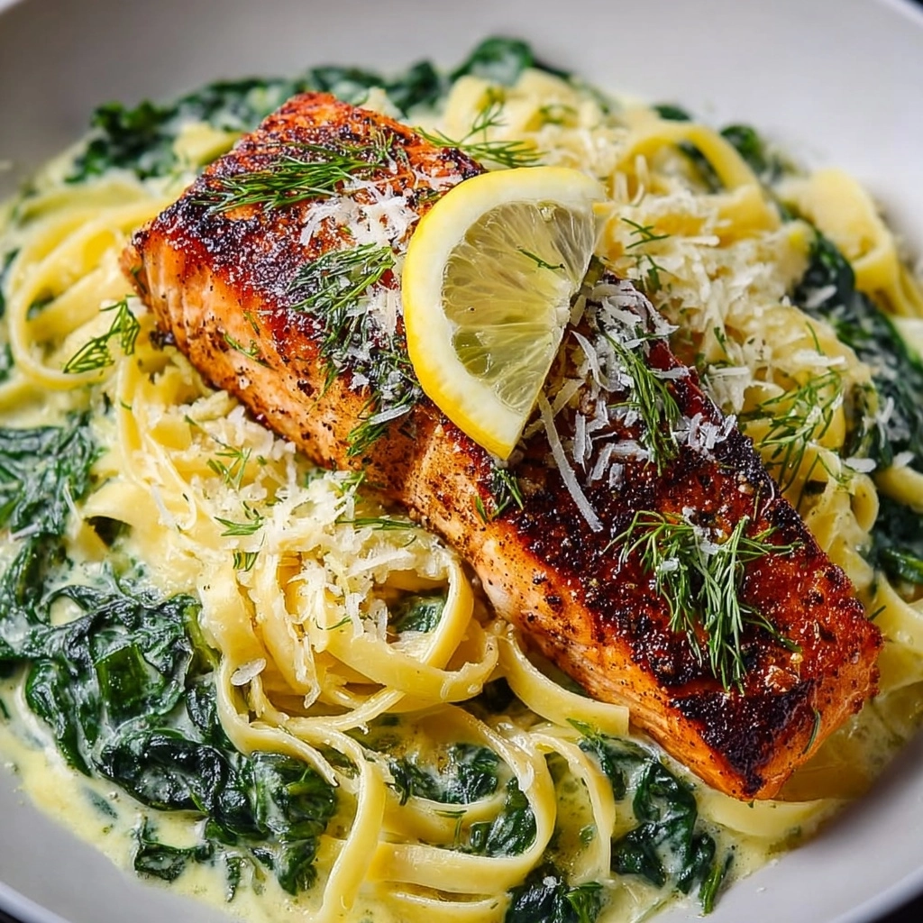 Garlic Butter Salmon with Creamy Spinach Linguine Recipe
