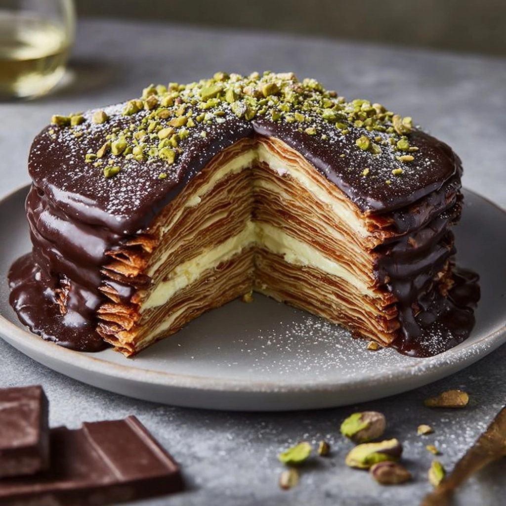 Pistachio Chocolate Crepe Cake Recipe 3 Pistachio Chocolate Crepe Cake Recipe - Recipe Image