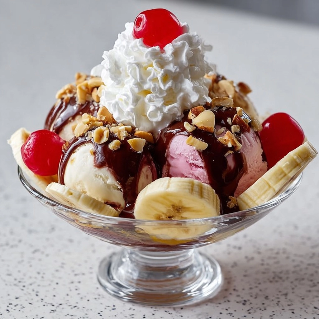 Cream Sundae with Banana Split and Nuts Recipe