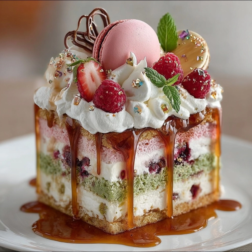 Rainbow Berry Layer Cake with Caramel Drizzle: Recipe