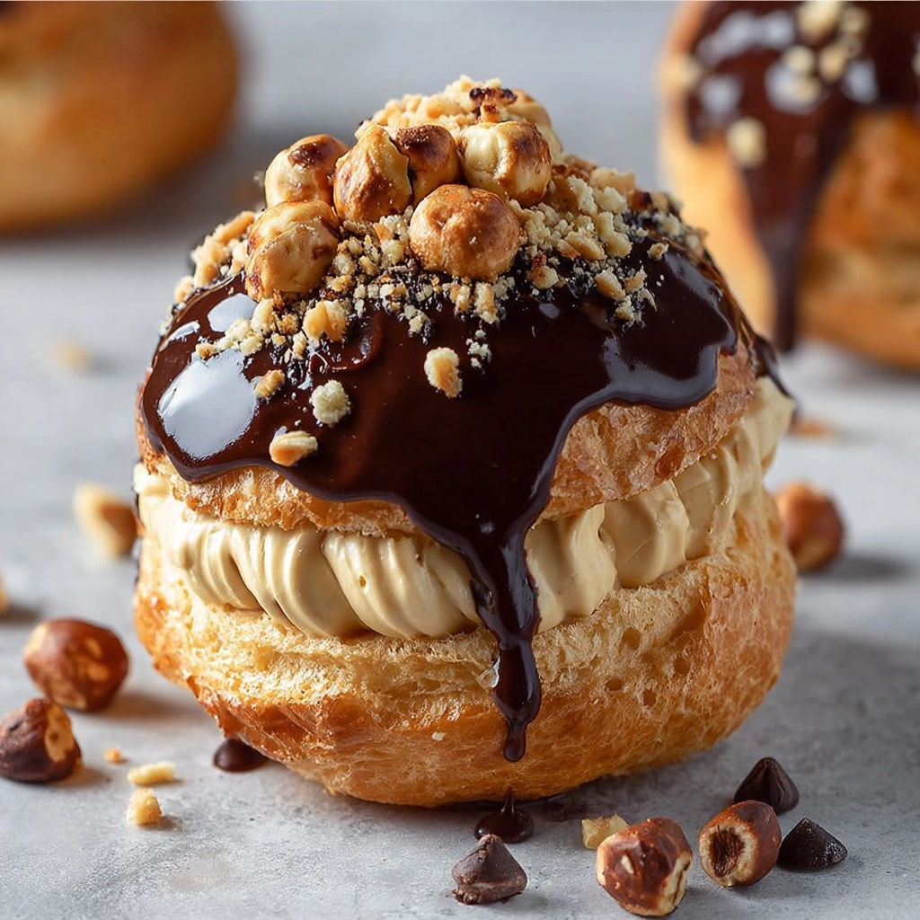 Cream Puffs with Chocolate Glaze & Caramelized Hazelnuts Recipe - Recipe Image