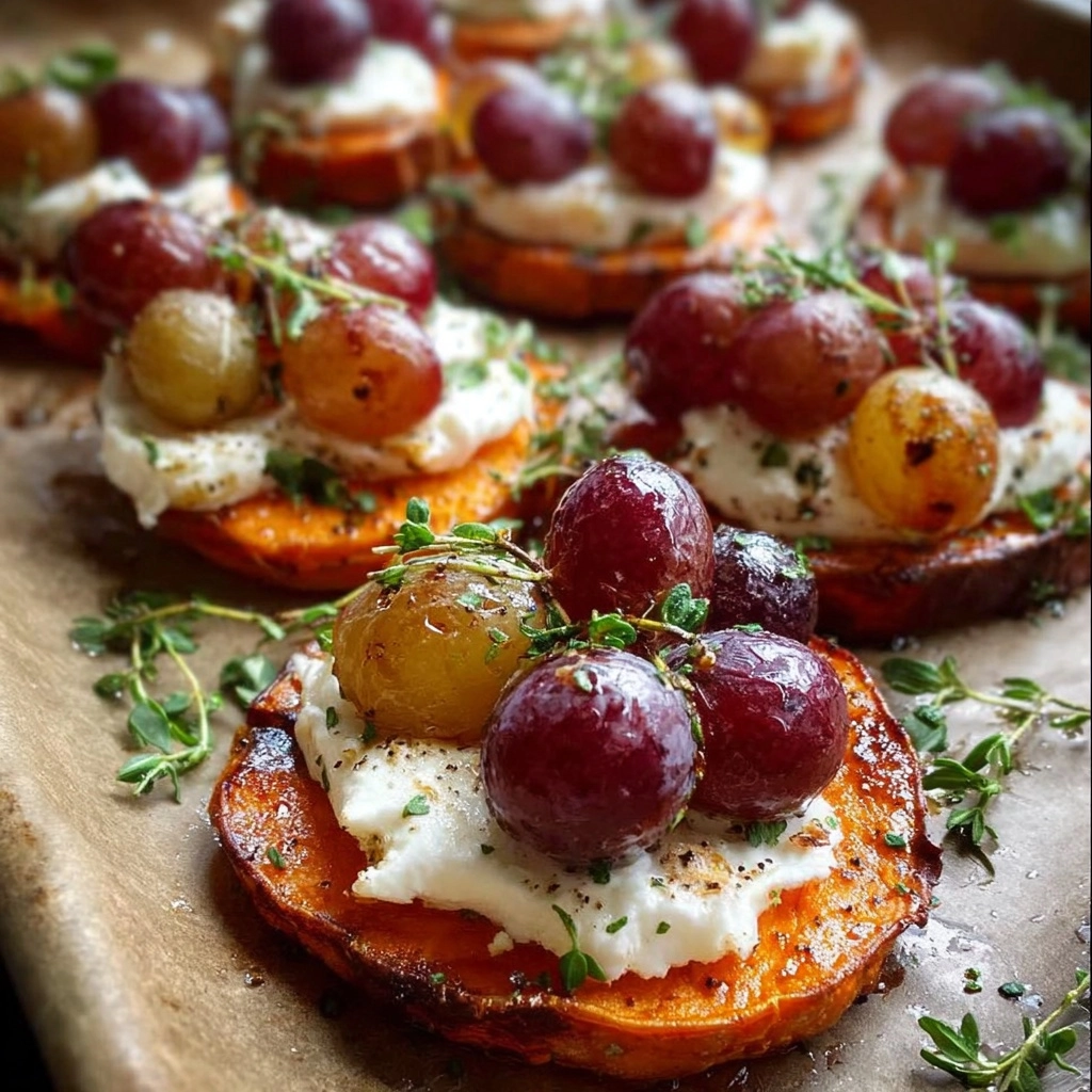 Sweet Potato Rounds with Burrata, Honey & Roasted Grapes Recipe