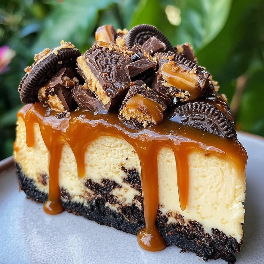 Caramel Cheesecake with Reese's, Oreos, and Caramel Drizzle Recipe 3 Caramel Cheesecake with Reese's, Oreos, and Caramel Drizzle Recipe - Recipe Image
