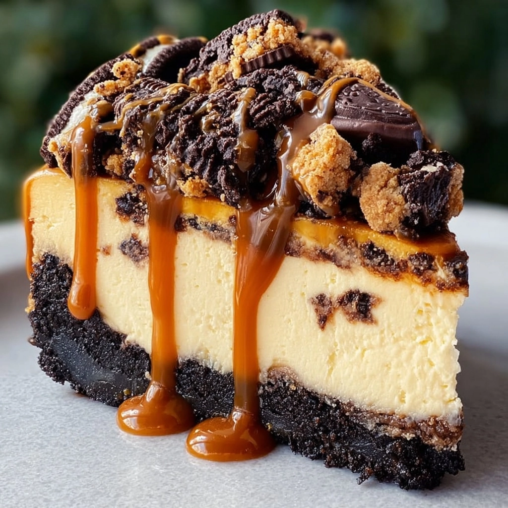 Caramel Cheesecake with Reese's, Oreos, and Caramel Drizzle Recipe 2 Caramel Cheesecake with Reese's, Oreos, and Caramel Drizzle Recipe - Recipe Image