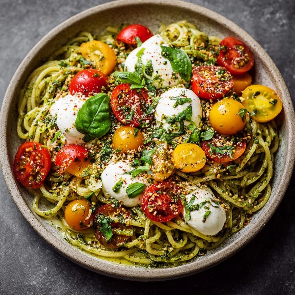 Pistachio Pesto Pasta with Burrata & Cherry Tomatoes Recipe