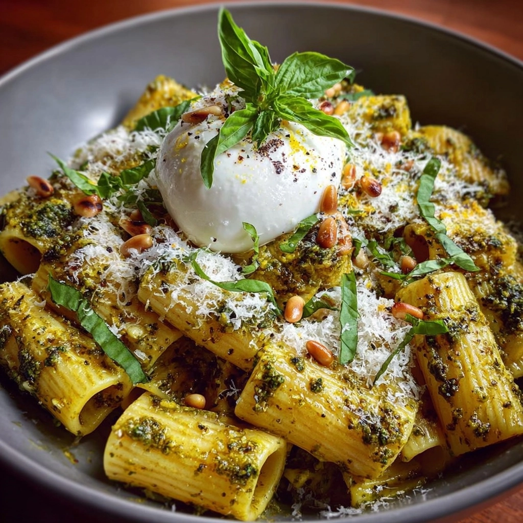 Lemon Pesto Rigatoni with Burrata & Roasted Pine Nuts Recipe 2 Lemon Pesto Rigatoni with Burrata & Roasted Pine Nuts Recipe - Recipe Image