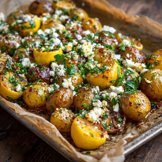 Greek Roast Potatoes with Lemon and Feta Recipe - Recipe Image