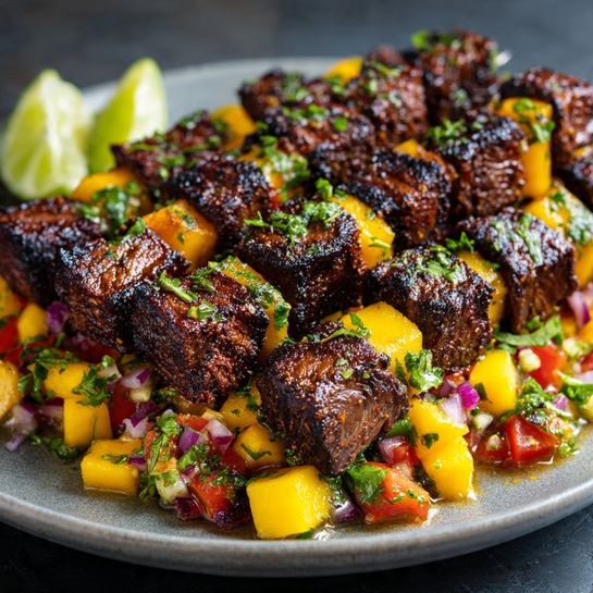 Jamaican Jerk Pork Skewers with Mango Salsa Recipe - Recipe Image