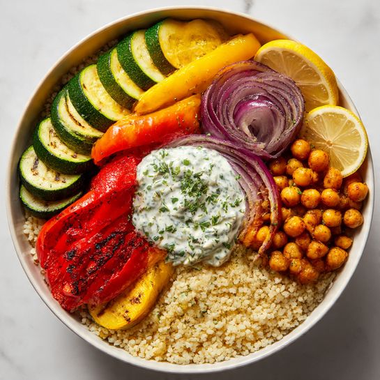 Mediterranean Roasted Veggie Bowl with Herb Yogurt Recipe - Recipe Image
