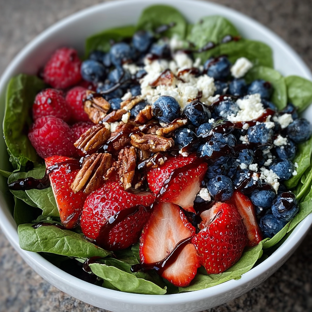 Berry Spinach Salad with Pecans, Feta & Balsamic Glaze Recipe - Recipe Image