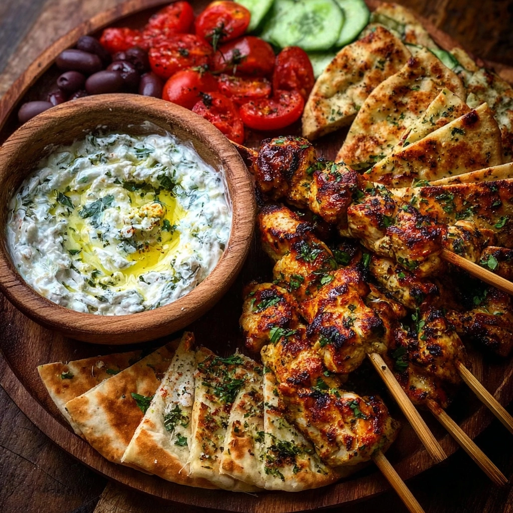 Greek Chicken Souvlaki Grazing Board with Feta Dip Recipe