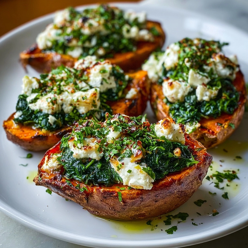 Spinach & Ricotta Stuffed Sweet Potatoes with Herb Drizzle Recipe