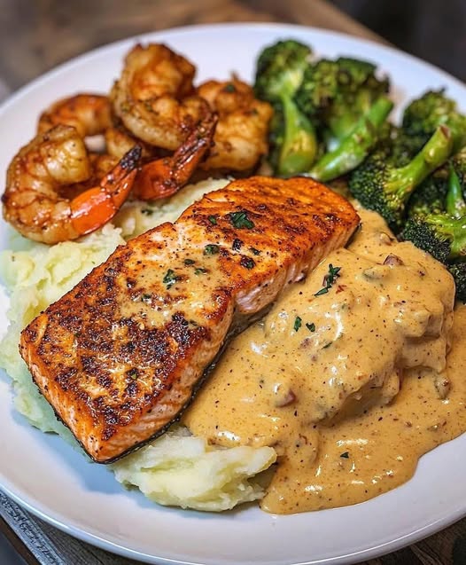 Cajun Salmon with Garlic Mash & Shrimp Veggie Medley Recipe - Recipe Image