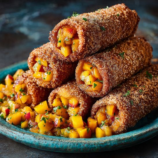 Crispy Peach Cobbler Egg Rolls Recipe - Recipe Image