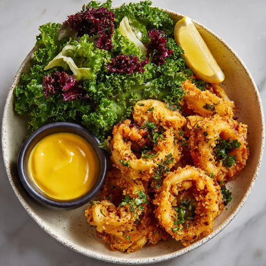 Lemon Garlic Calamari with Aioli Recipe 2 Lemon Garlic Calamari with Aioli Recipe - Recipe Image