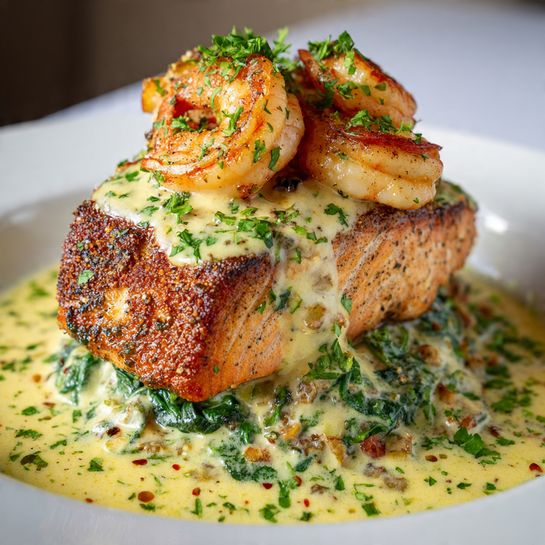 Creamy Blackened Salmon with Shrimp Recipe - Recipe Image