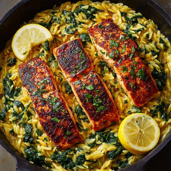 One Skillet Salmon with Lemon Orzo Recipe - Recipe Image