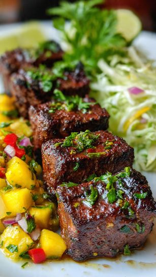 Jamaican Jerk Pork Skewers with Mango Salsa Recipe - Recipe Image
