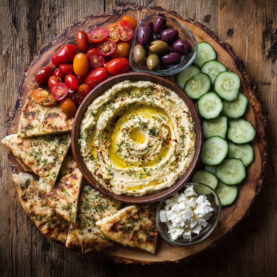 Greek Appetizer Board with Hummus and Herb Flatbread Chips Recipe - Recipe Image