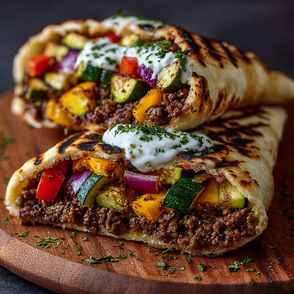 Mediterranean Ground Beef Pita Wraps with Roasted Veggies Recipe