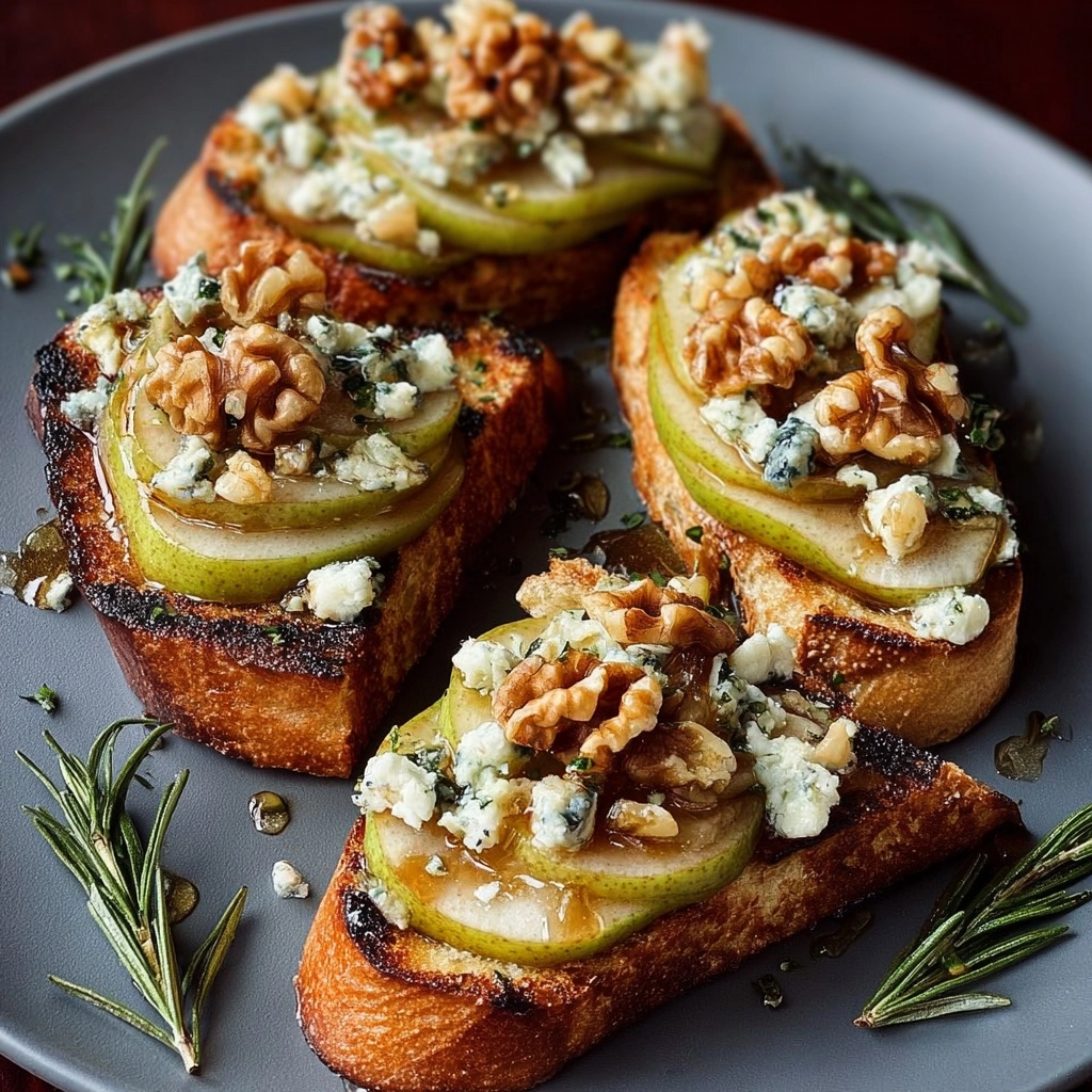 Baked Pear & Blue Cheese Crostini with Honey Walnut Drizzle Recipe - Recipe Image