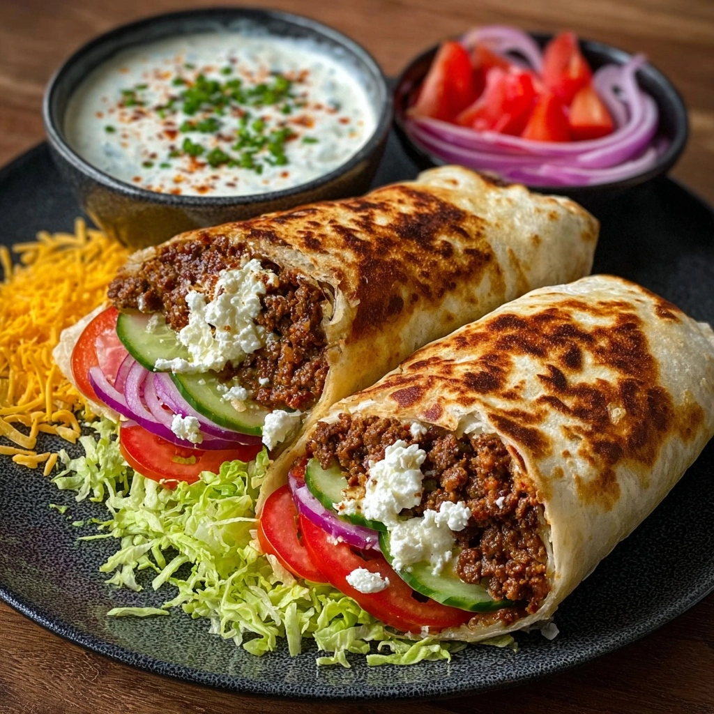 Greek Beef Wraps with Spicy Garlic Yogurt Sauce Recipe 2 Greek Beef Wraps with Spicy Garlic Yogurt Sauce Recipe - Recipe Image
