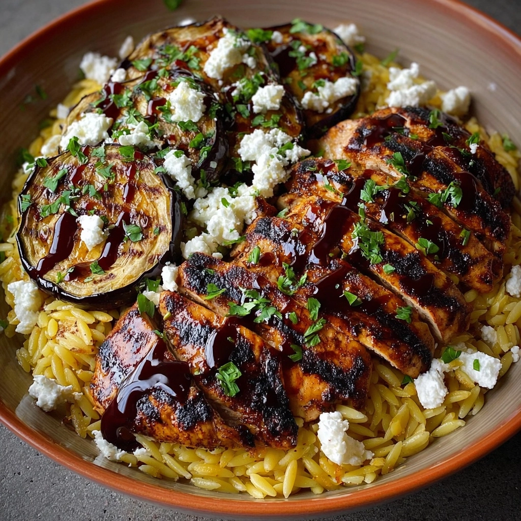 Balsamic Glazed Chicken & Orzo with Feta & Grilled Eggplant Recipe - Recipe Image
