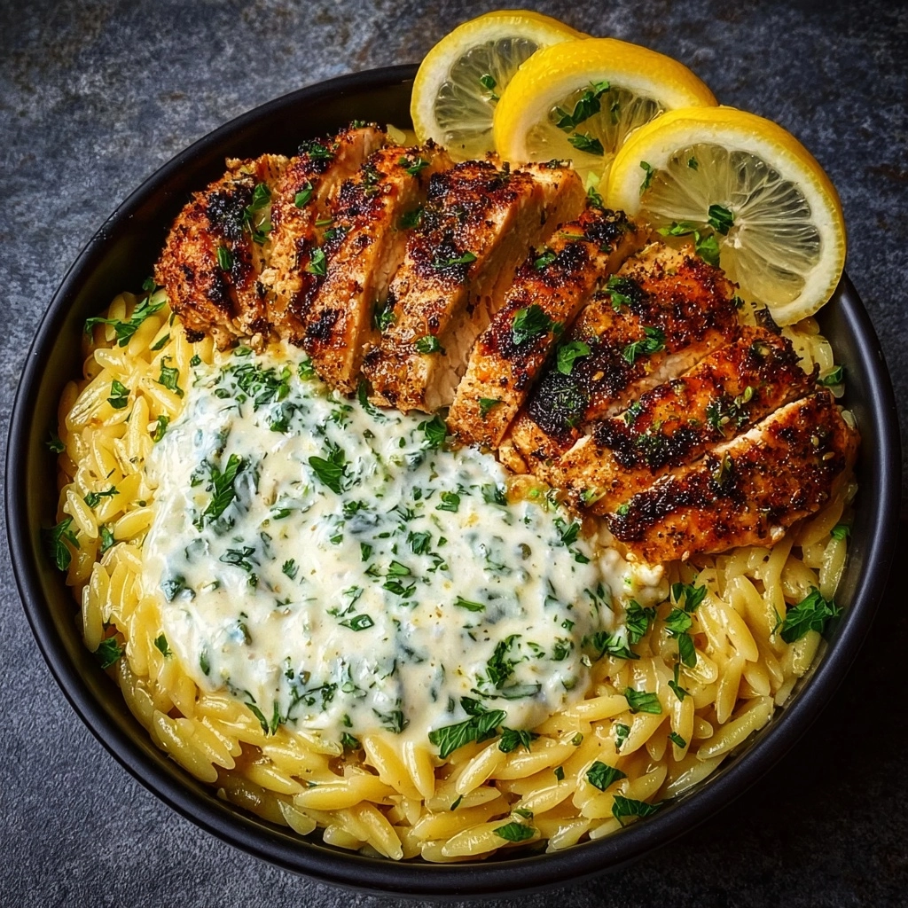 Slice chicken and serve over lemon Dijon orzo Recipe