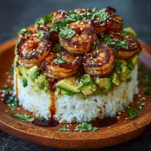 Honey Lime Shrimp & Avocado Rice Stack Recipe