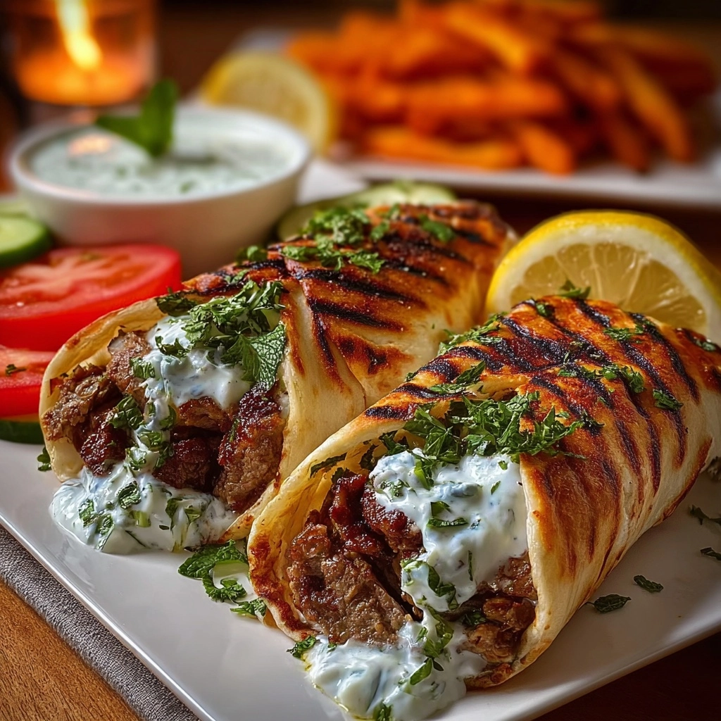 Greek Beef Wraps with Minted Feta Sauce Recipe - Recipe Image