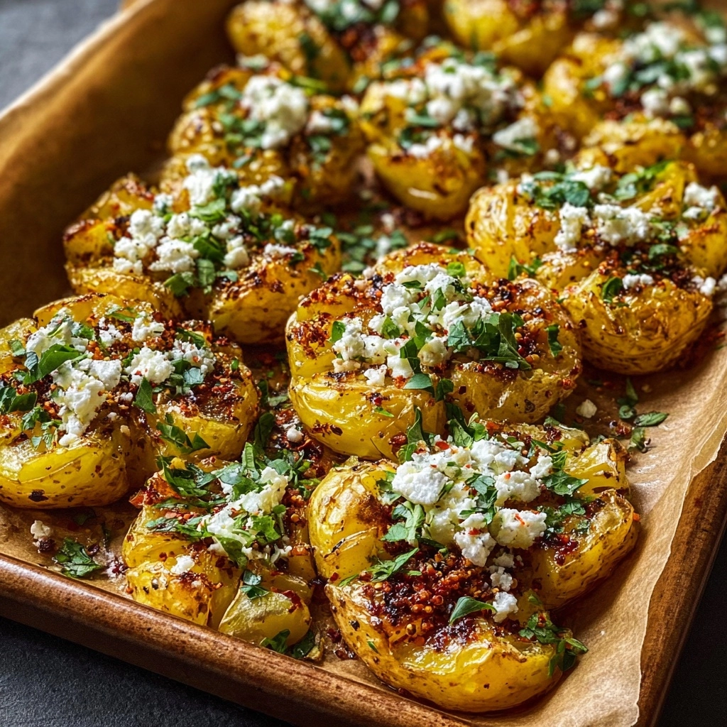 Smashed Crispy Feta Potatoes with Garlic Butter Drizzle Recipe