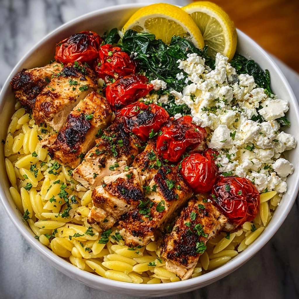 Lemon Dijon Chicken Orzo Bowl with Roasted Garlic Feta Recipe