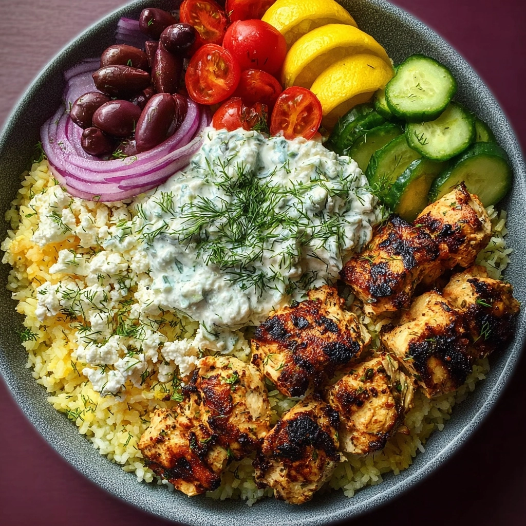 Greek Chicken Souvlaki Bowls with Dill Feta Sauce Recipe - Recipe Image