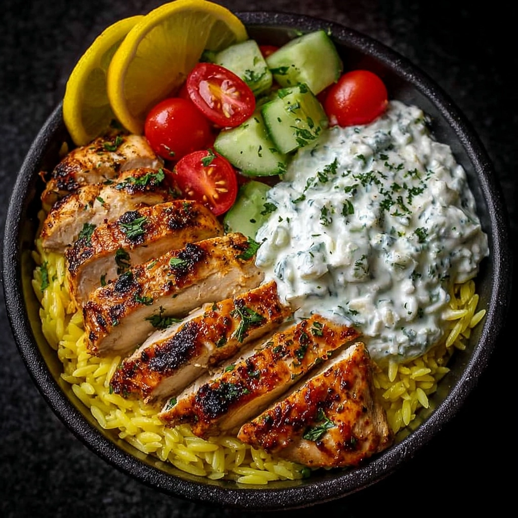 Lemon Dijon Chicken Orzo Bowl with Yogurt Whipped Feta Recipe